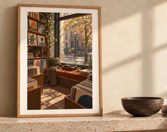 May include: A framed art print depicting a cozy room interior with a window view of an autumn street, wooden shelves filled with records and framed art, a record player on a window seat, and a patterned rug in warm, golden sunlight.