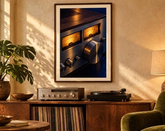 May include: A framed wall art print featuring a close-up of a vintage silver audio receiver with two illuminated amber analog VU meters, a large circular volume knob, and smaller control dials, set against a dark blue and wood-toned background.