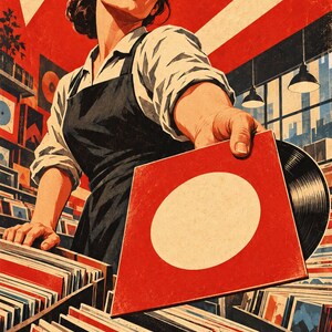 Puede incluir: Una ilustración de estilo vintage de una persona con camisa blanca y delantal negro sosteniendo un disco de vinilo con una portada roja y un gran círculo blanco en el centro. La escena se desarrolla en una tienda de discos con estanterías.
