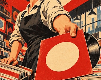 Puede incluir: Una ilustración de estilo vintage de una persona con camisa blanca y delantal negro sosteniendo un disco de vinilo con una portada roja y un gran círculo blanco en el centro. La escena se desarrolla en una tienda de discos con estanterías.