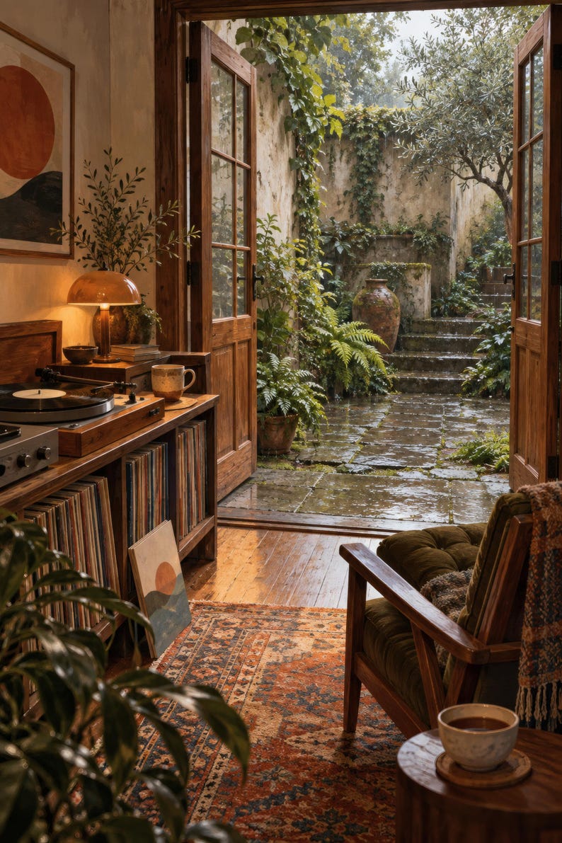 Puede incluir: Una habitaci&oacute;n con una consola de tocadiscos de madera, discos de vinilo, una l&aacute;mpara y una taza. Un sill&oacute;n se encuentra sobre una alfombra estampada cerca de puertas de cristal abiertas que dan a un patio de piedra con plantas, una gran vasija de cer&aacute;mica y escalones de piedra bajo la lluvia.