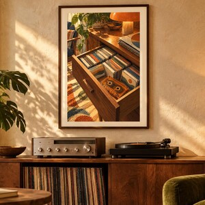 May include: A framed wall print depicting an open wooden drawer filled with organized cassette tapes and a single orange cassette in the foreground, set within a room featuring a record player, a green armchair, and a potted plant.