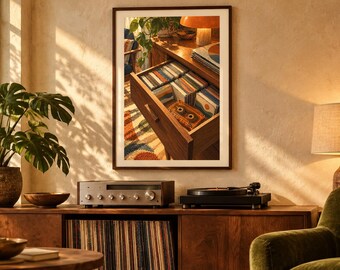 May include: A framed wall print depicting an open wooden drawer filled with organized cassette tapes and a single orange cassette in the foreground, set within a room featuring a record player, a green armchair, and a potted plant.