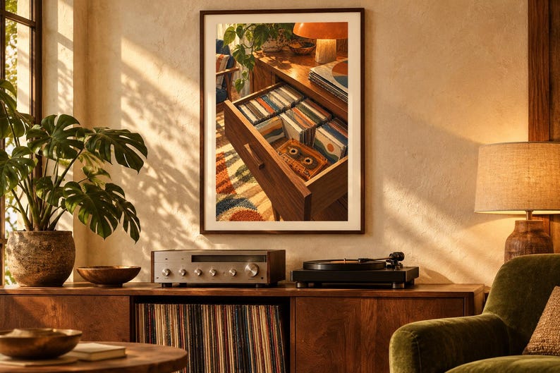 May include: A framed wall print depicting an open wooden drawer filled with organized cassette tapes and a single orange cassette in the foreground, set within a room featuring a record player, a green armchair, and a potted plant.