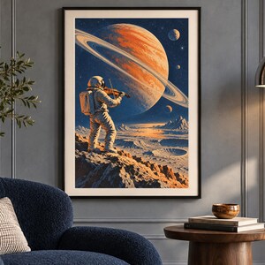 May include: A framed wall art print featuring an astronaut in a white space suit standing on a rocky, cratered lunar surface while playing a violin. Above, a large orange planet with prominent rings dominates the dark blue starry sky.