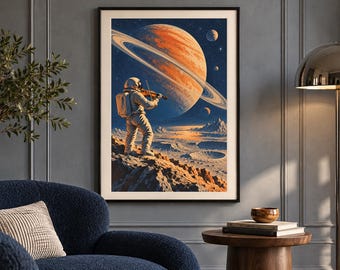 May include: A framed wall art print featuring an astronaut in a white space suit standing on a rocky, cratered lunar surface while playing a violin. Above, a large orange planet with prominent rings dominates the dark blue starry sky.