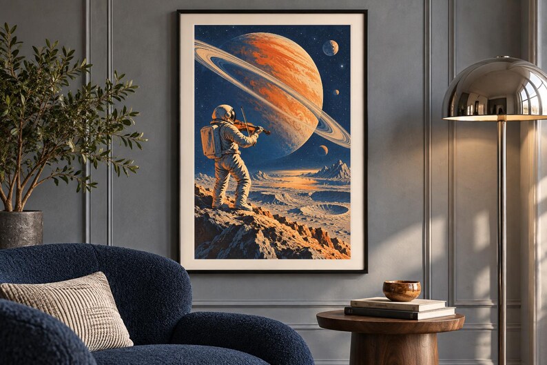 May include: A framed wall art print featuring an astronaut in a white space suit standing on a rocky, cratered lunar surface while playing a violin. Above, a large orange planet with prominent rings dominates the dark blue starry sky.