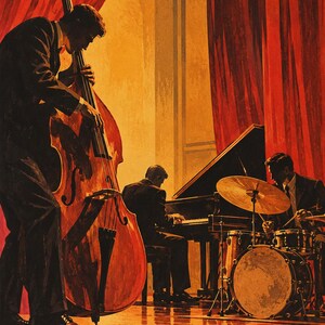 以下が含まれることがあります： 赤いカーテンのあるステージで演奏するジャズトリオ。手前で大きなアップライトベースを弾くミュージシャン、中央のグランドピアノに座るピアニスト、右側でシンバル付きのドラムセットを演奏するドラマーが描かれています。