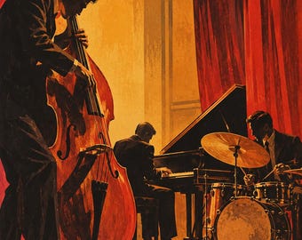 May include: A jazz trio performing on a stage with red curtains. A musician plays a large upright bass in the foreground, a pianist sits at a grand piano in the center, and a drummer plays a drum kit with cymbals on the right side.