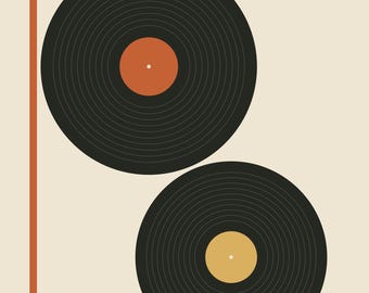 Könnte beinhalten: Ein Grafikdruck mit zwei schwarzen Schallplatten, die diagonal auf einem cremefarbenen Hintergrund angeordnet sind. Die obere Platte hat ein terrakottafarbenes Mittellabel, die untere ein gelbes. Eine vertikale terrakottafarbene Linie verläuft entlang der linken Seite.