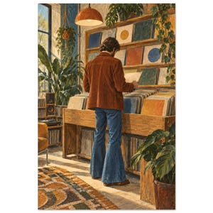 Retro Record Collector Art Print, Illustrated Scene (Unframed Print) image 3