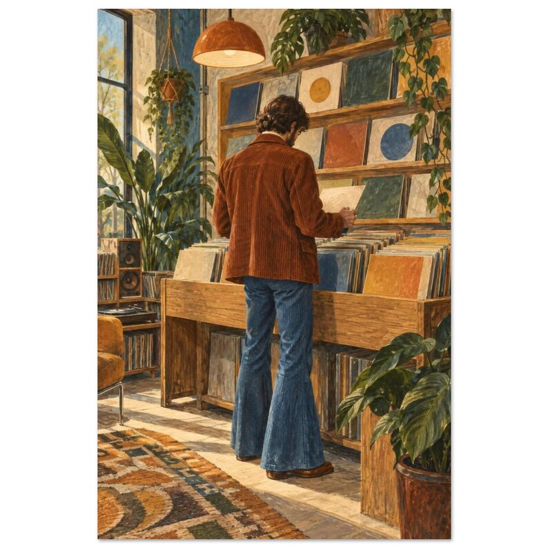 Retro Record Collector Art Print, Illustrated Scene (Unframed Print) image 3