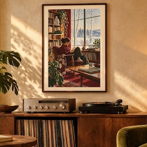 May include: A framed wall art print depicting a person reading in a red armchair within a room filled with bookshelves, a green lamp, and a view of a snowy landscape through a large window, displayed above a wooden media console.