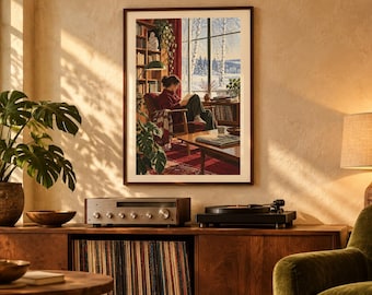 May include: A framed wall art print depicting a person reading in a red armchair within a room filled with bookshelves, a green lamp, and a view of a snowy landscape through a large window, displayed above a wooden media console.