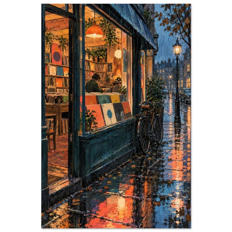 Rainy Record Shop Art Print, Retro Vinyl Store Wall Art - Record Shop Rain Bild 3