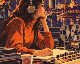 May include: An illustration of a radio studio featuring a person wearing headphones, a microphone on a boom arm, a reel-to-reel tape recorder, a mixing console, vinyl records, and a white mug with a red flower design at night.