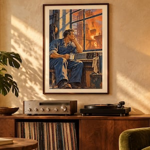 May include: A framed wall art print depicting a person in blue work clothes sitting by a window, holding a mug and looking out at an industrial construction site with orange sunset lighting, displayed in a room with a wooden console and plant.
