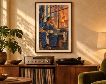 May include: A framed wall art print depicting a person in blue work clothes sitting by a window, holding a mug and looking out at an industrial construction site with orange sunset lighting, displayed in a room with a wooden console and plant.