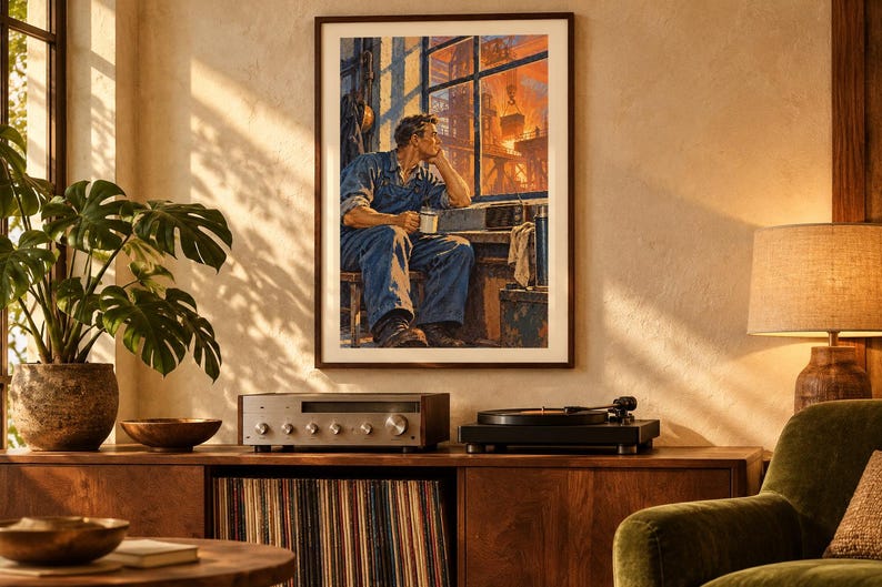 May include: A framed wall art print depicting a person in blue work clothes sitting by a window, holding a mug and looking out at an industrial construction site with orange sunset lighting, displayed in a room with a wooden console and plant.