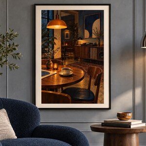 May include: A framed wall art print depicting a dimly lit interior scene with a round wooden dining table, a cup of coffee, a warm pendant light, and a dark blue chair, all set within a cozy room featuring a wooden sideboard and abstract art.