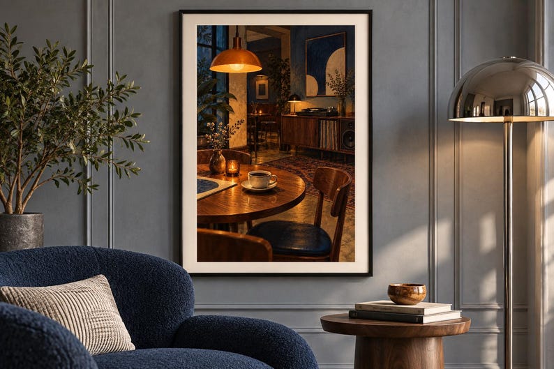 May include: A framed wall art print depicting a dimly lit interior scene with a round wooden dining table, a cup of coffee, a warm pendant light, and a dark blue chair, all set within a cozy room featuring a wooden sideboard and abstract art.