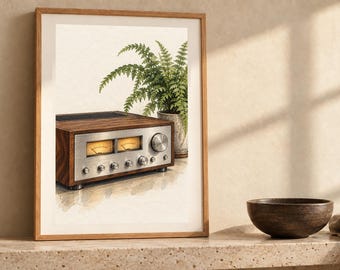 May include: A framed wall art print featuring a watercolor illustration of a vintage audio receiver with a wood grain finish and a silver control panel, positioned next to a potted green fern plant against a light cream background.