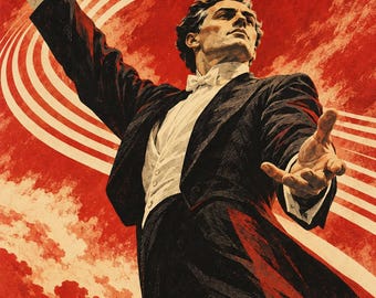 May include: A conductor in a black tuxedo with a white shirt and bow tie stands with one arm raised holding a baton and the other extended forward. The background features a vibrant red sky with white curved lines and a silhouette of an orchestra.
