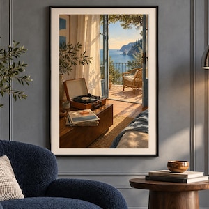 May include: A framed wall art print depicting an open balcony door overlooking a sunny coastal landscape with a record player and a stack of vinyl records on a wooden table in the foreground, set within a room with a blue armchair.