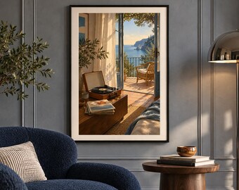 May include: A framed wall art print depicting an open balcony door overlooking a sunny coastal landscape with a record player and a stack of vinyl records on a wooden table in the foreground, set within a room with a blue armchair.