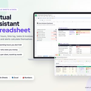 May include: A digital Virtual Assistant Spreadsheet template for Google Sheets, Excel, and Numbers. The display shows a dashboard with client hours, task lists, and financial tracking. Text includes Virtual Assistant Spreadsheet and Simplemodestudio.