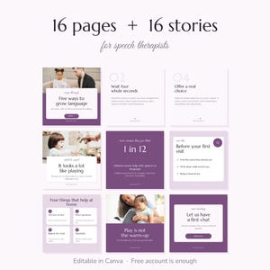 May include: A digital template set featuring 16 pages and 16 stories for speech therapists, designed in shades of purple and white. The layout includes educational text, instructional graphics, and photographs of children and adults interacting.