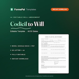 Może przedstawiać: Cyfrowy szablon aneksu do testamentu na ciemnozielonym tle. Tekst zawiera FormsPal Templates, Editable Will Amendment, Codicil to Will, Editable Template, All 50 States, Word, Google Docs + PDF, US Letter + A4, Fully Editable.