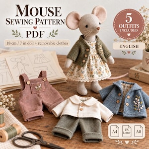 Nähschnittmuster für eine 18 cm große Stoffmauspuppe, 5 Outfits (PDF)