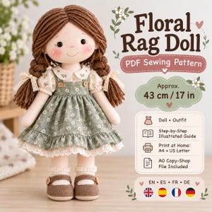 May include: A fabric rag doll with brown yarn hair in two braids, wearing a green floral dress with a white collar and brown shoes. The text reads Floral Rag Doll PDF Sewing Pattern, Approx. 43 cm / 17 in, Doll + Outfit, Step-by-Step Illustrated Guide.