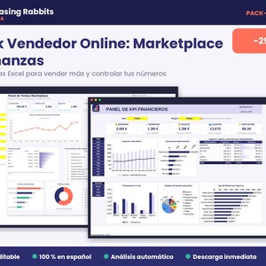 以下が含まれることがあります： Pack Vendedor Online: Marketplace + Finanzasというタイトルのデジタル製品バンドルで、売上と財務を追跡するための2つのExcelテンプレートが含まれています。画像には、グラフやデータテーブルを備えた2つのダッシュボードインターフェイスが表示されています。
