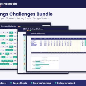 Puede incluir: Un paquete digital de desafíos de ahorro de Chasing Rabbits Data que incluye un desafío de 100 sobres, un desafío de ahorro de 52 semanas y un rastreador de fondos de amortización. La interfaz muestra tablas, barras de progreso y gráficos.