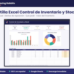 Puede incluir: Una plantilla de Excel para el control de inventario y stock titulada Plantilla Excel Control de Inventario y Stock. El panel muestra métricas de datos, un gráfico de barras de entradas y salidas, un gráfico de anillos y una tabla de productos.