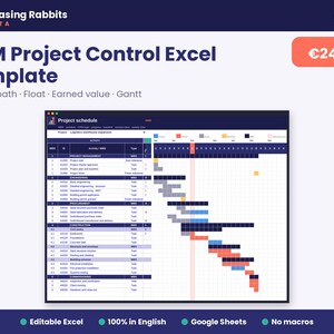 Op de afbeelding: Een digitaal CPM Project Control Excel-sjabloon van Chasing Rabbits Data. De interface toont een projectschema met WBS, activiteitenlijsten en een Gantt-grafiek met blauwe, oranje en grijze balken op een witte rasterachtergrond.