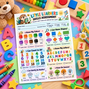 May include: A Little Learners Skills Assessment educational worksheet featuring sections for colors, shapes, counting to 20, letters, weather, and seasons, decorated with colorful illustrations of an otter, sun, and kite.