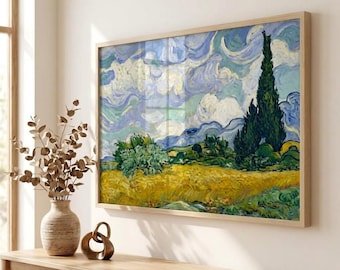 Wheat Field with Cypresses Art Print, Van Gogh Reproduction, Natural Oak Frame