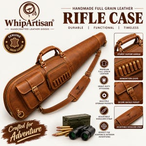 Handmade Full-Grain Leather Rifle Case, Vintage Shotgun Carry Bag, Padded Hunting Accessory Pockets