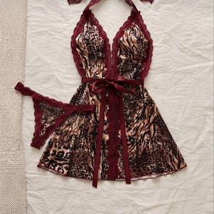 Leopard Print Burgundy Lace Nightwear and Panty Set