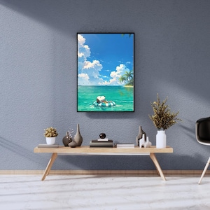 以下が含まれることがあります： 黒いフレームに入った壁掛けアートプリント。青と白のストライプの浮き輪に乗って、白い雲が浮かぶ明るい青空の下、ターコイズブルーの海に浮かぶ漫画の犬が描かれており、遠くの岸辺にはヤシの木が見える。