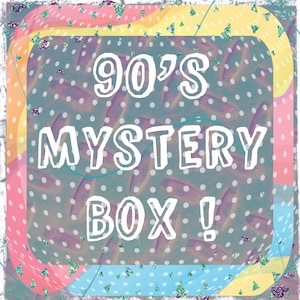 May include: A colorful graphic with a white box that says "90's Mystery Box!" The background is a mix of pink, yellow, blue, and green with a white polka dot pattern.
