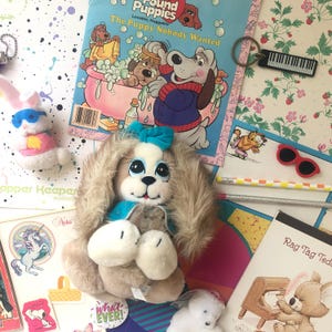 May include: A collection of vintage toys and trinkets, including a plush brown and white puppy wearing a blue jacket, a pink and white bunny with sunglasses, a book titled "Pound Puppies: The Puppy Nobody Wanted", and a small keyboard keychain.