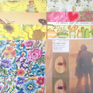 May include: Selection of vintage gift wrap and tags. Designs feature floral patterns, sunflowers, butterflies, and a couple on a beach. One wrap reads "A Shower Gift for Someone Special."