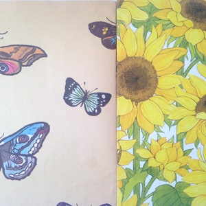May include: A design featuring illustrations of moths and butterflies in various colours, set against a tan backdrop. Adjacent to this is a pattern of yellow sunflowers with green foliage. The insects display detailed wing patterns.