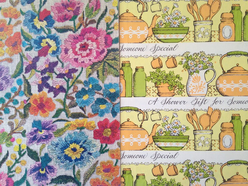May include: The image shows two contrasting patterns. One is a detailed floral embroidery with pink, blue, orange, and purple flowers. The other is a repeating pattern with kitchen illustrations, including teapots, jars, and the text "Someone Special" and "A Shower Gift for Someone".