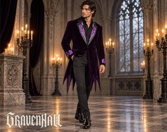 Frac da uomo in stile gotico vittoriano, lungo cappotto viola ricamato con motivo ad ali di pipistrello