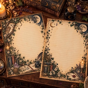May include: Two sheets of cream-colored lined stationery featuring an oval center frame. The borders are decorated with illustrations of an owl, books, inkwells, quills, candles, ivy, and celestial elements including a moon and stars.